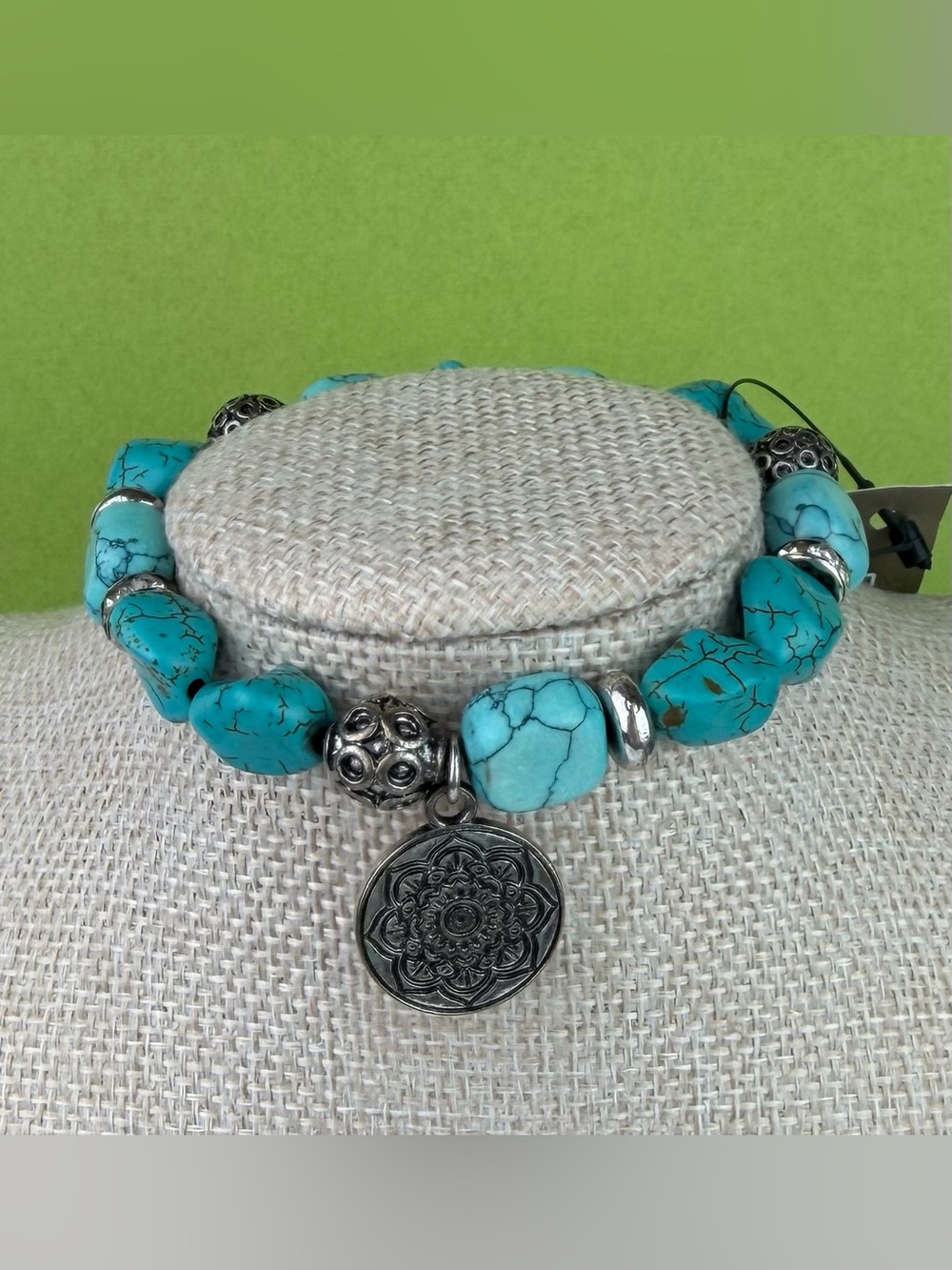 NWT Chico’s Turquoise Blue Howlite Stretch Bracelet Mandala Pendant Silver
